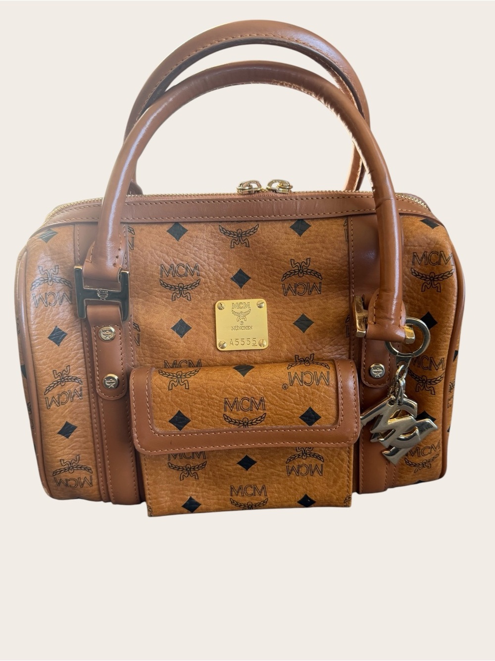 MCM Vintage Cognac Visetos Boston Pocket Satchel Bag + Charm